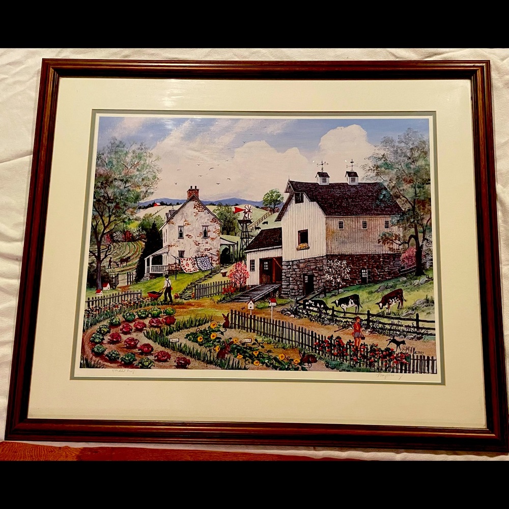 Beautiful custom framed farmhouse print. Signed by artist May Wessey.